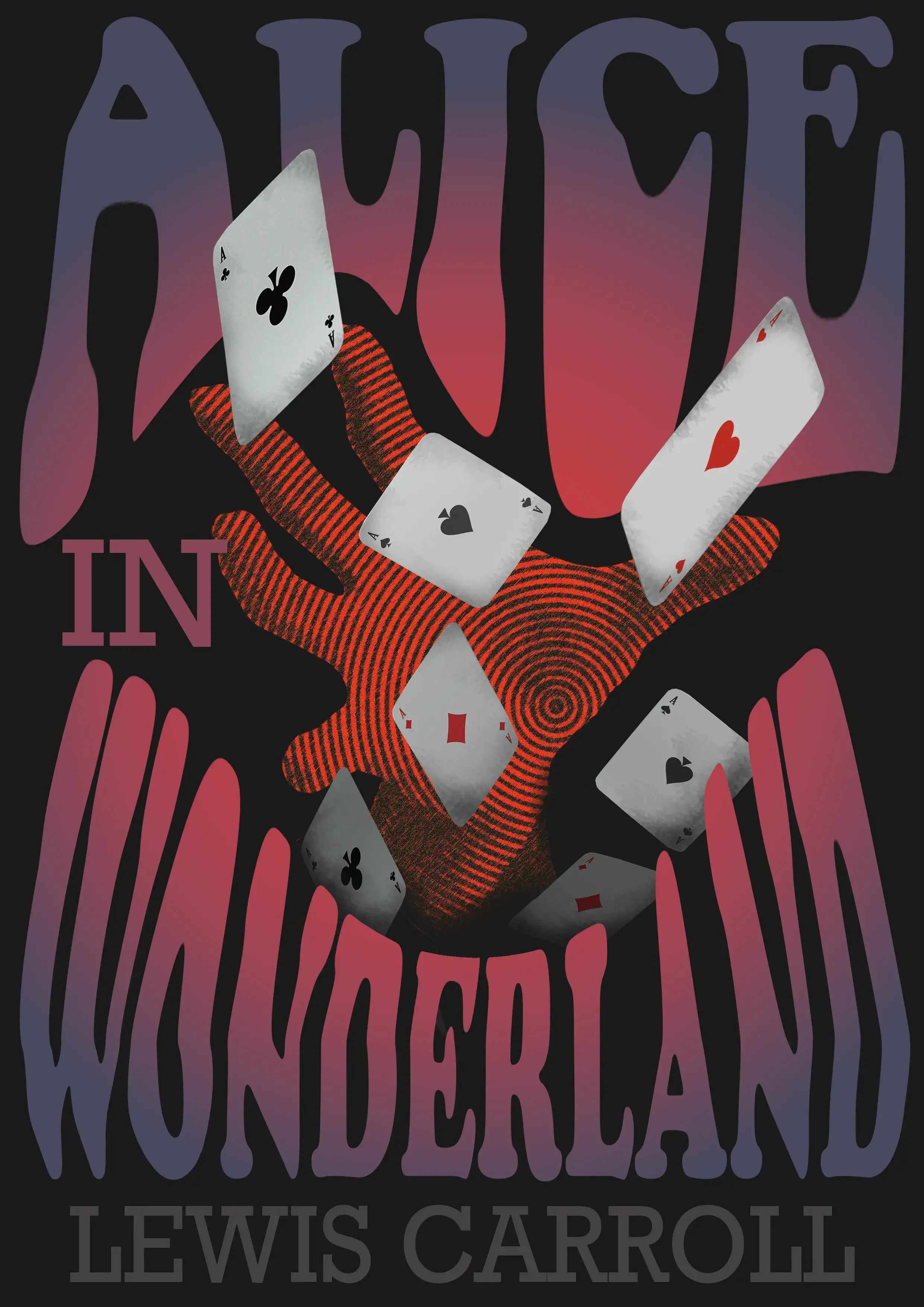 An Alice in Wondlerland book cover. A red hand with spirals on it is reaching up from the 'Wonderland' text, accompanied by falling playing cards